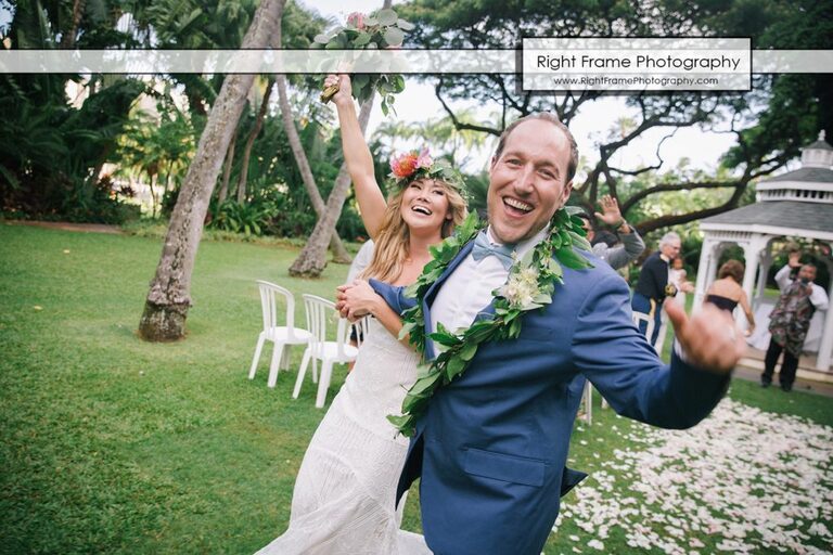 Happy Bride and Groom after wedding ceremony in Hale Koa Hotel