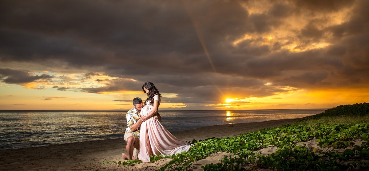 Sunset Maternity Pregnancy Beach Photographer Oahu Hawaii