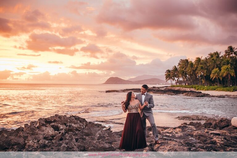 Sunset Engagement Photos Secret Beach Ko Olina Golden Hour Engagement Session Photographer