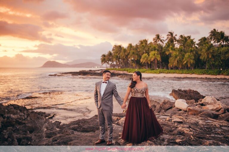 Sunset Engagement Photos Secret Beach Ko Olina Golden Hour Engagement Session Photographer