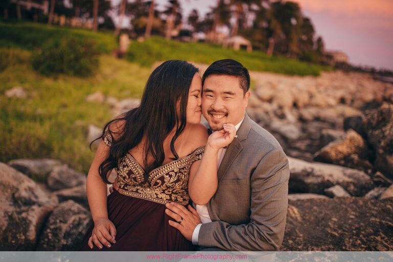 Sunset Engagement Photos Secret Beach Ko Olina Golden Hour Engagement Session Photographer Kiss