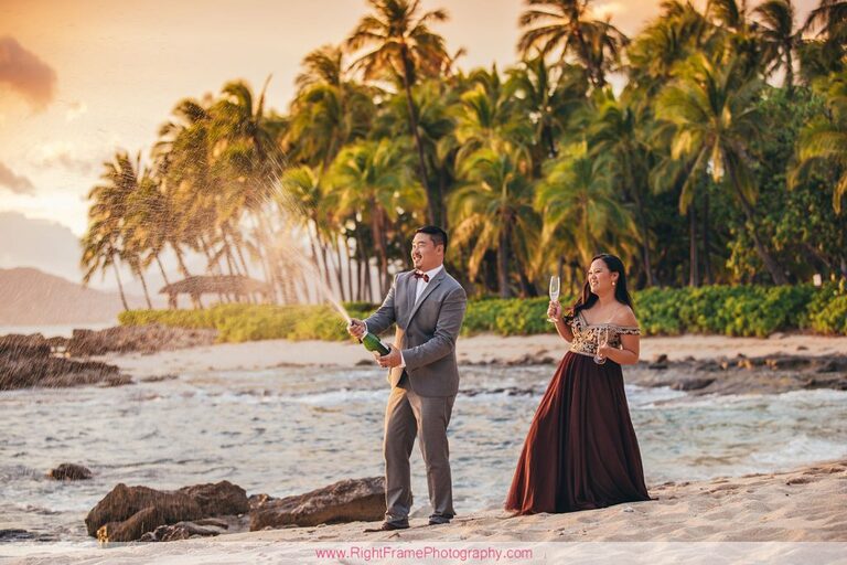 Sunset Engagement Photos Secret Beach Ko Olina Golden Hour Engagement Session Photographer Champagne Fun