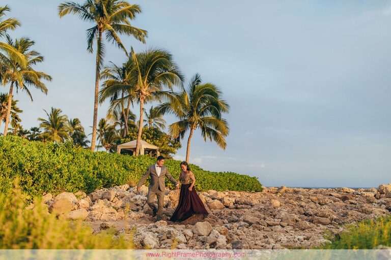 Sunset Engagement Photos Secret Beach Ko Olina Golden Hour Engagement Session Photographer Walking Rocks