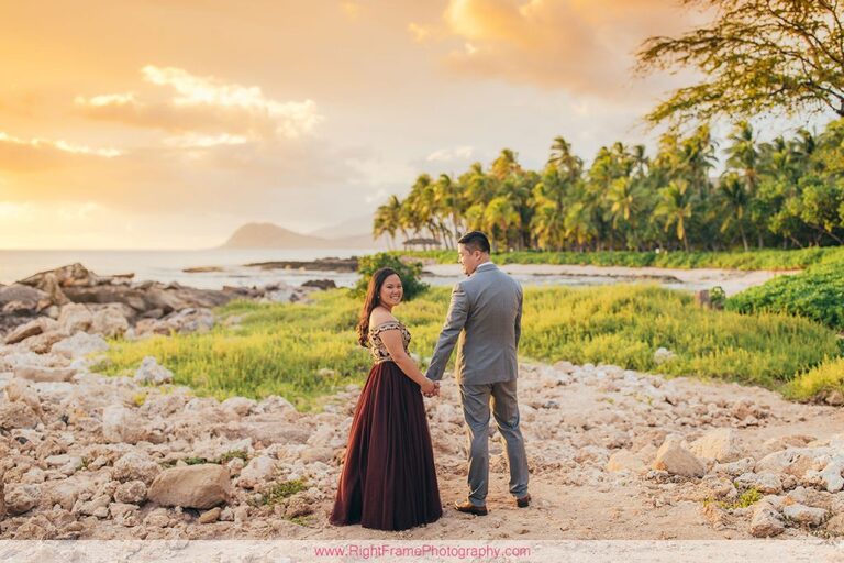 Sunset Engagement Photos Secret Beach Ko Olina Golden Hour Engagement Session Photographer Holding Hands Love